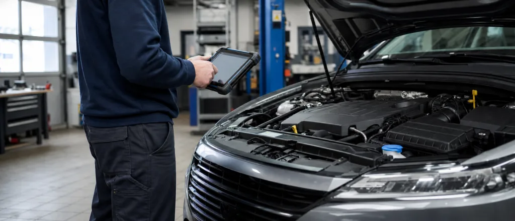 Kfz-Mechatroniker bei der Fahrzeugdiagnose vor einer Autoreparatur in Saarbrücken