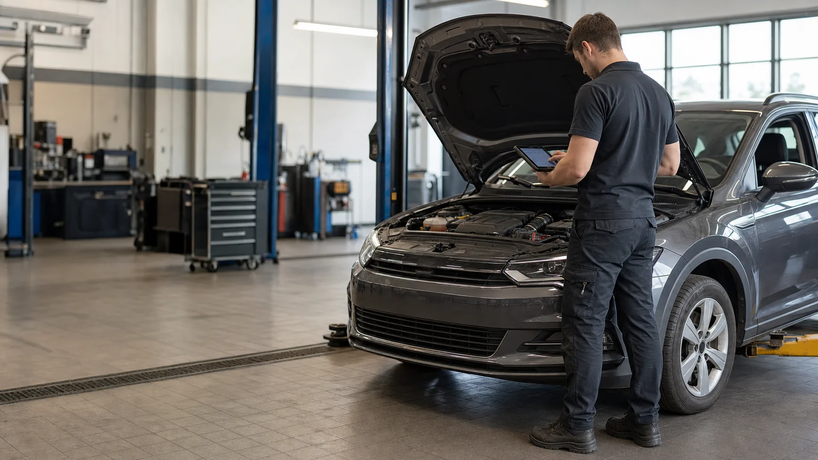 Kfz-Mechatroniker bei der Fahrzeugdiagnose für eine Autoreparatur in Saarbrücken