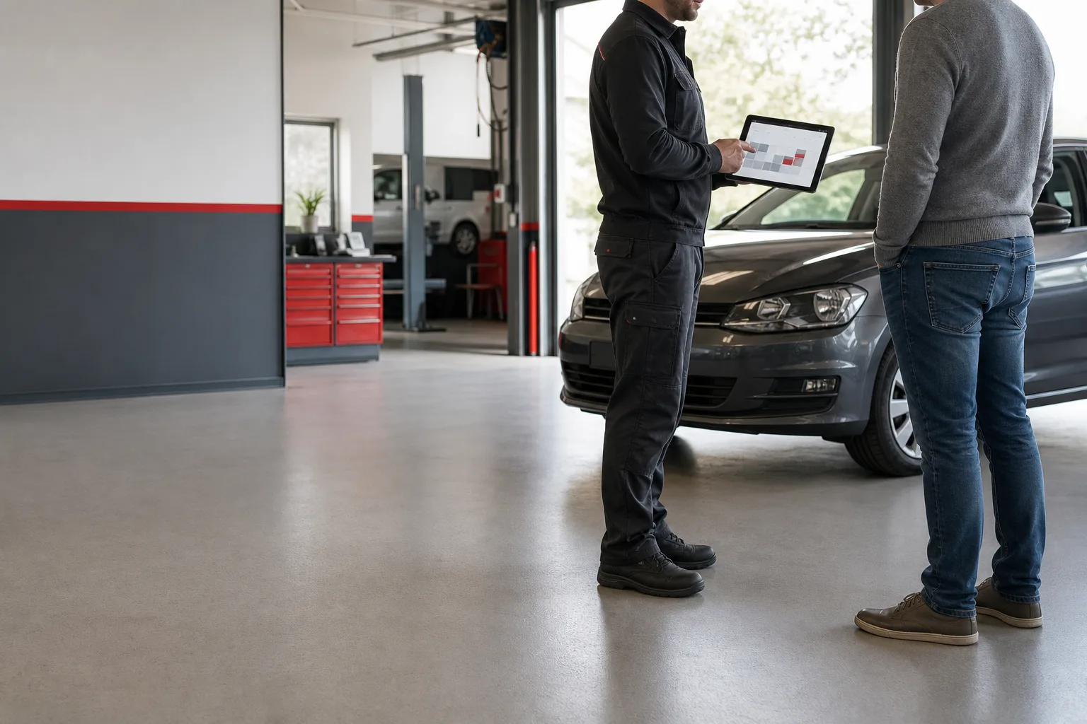 Werkstattmitarbeiter bespricht einen Online Termin mit einem Kunden